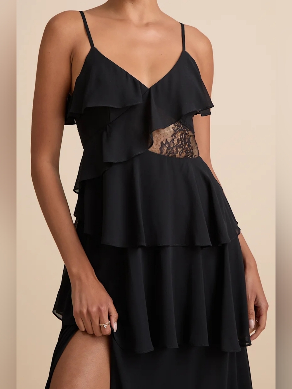 Lulu's Black Tiered Ruffle Maxi Dress with Lace Insets - Size S